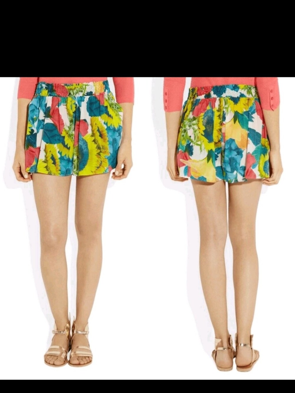 Alice + Olivia High-Waist Floral Sunflower Print Shorts - Yellow, Teal, Pink